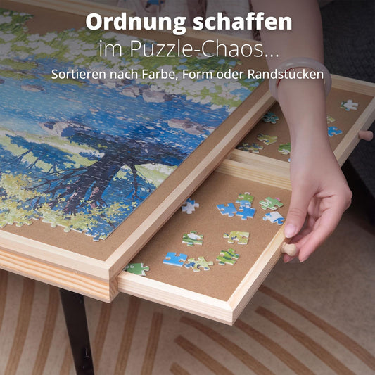 Drehbares Puzzle Board mit Schubladen & Abdeckplatte – Puzzletisch für 1000 Teile, 360° rotierbar, Rutschfester Filz, Sortierfächer, stabiles Holzbrett zum Puzzeln