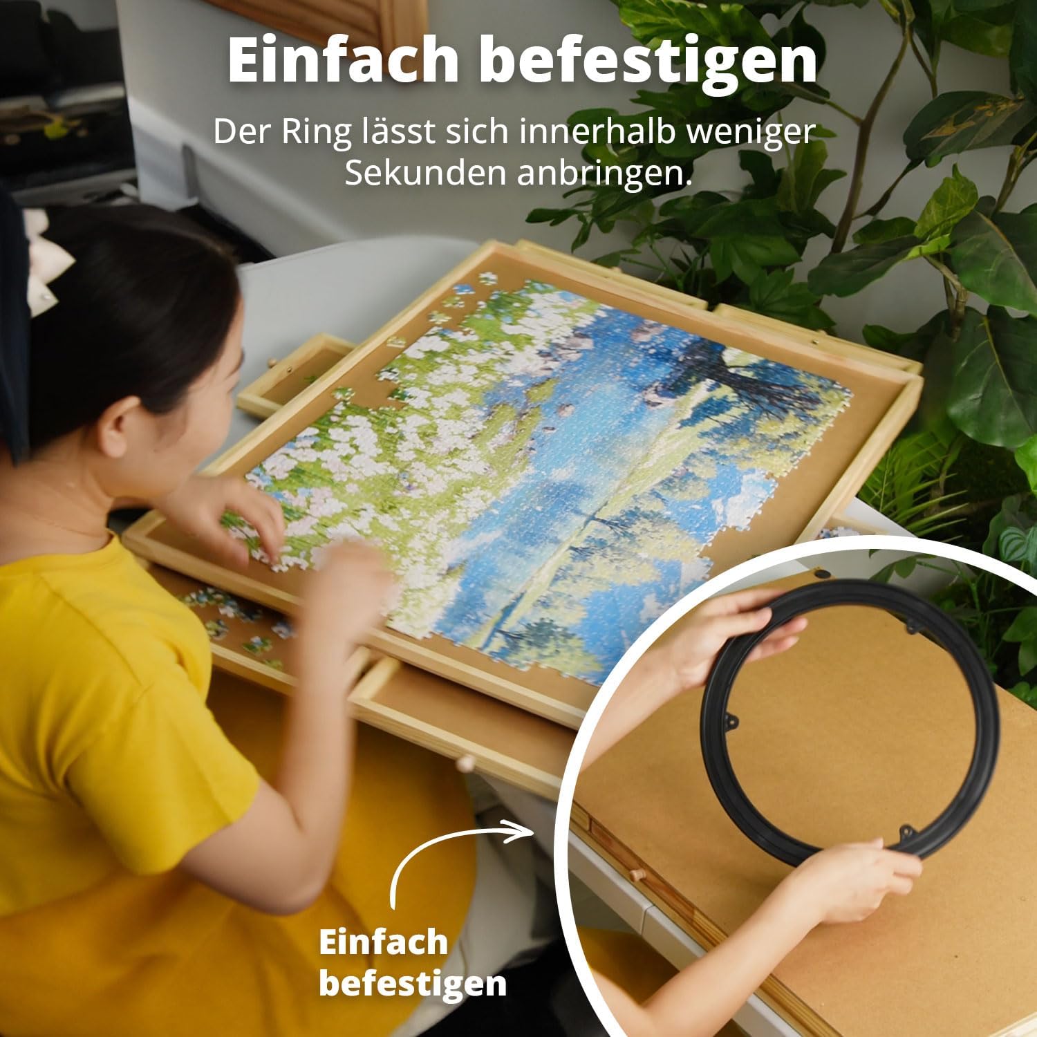 Drehbares Puzzle Board mit Schubladen & Abdeckplatte – Puzzletisch für 1000 Teile, 360° rotierbar, Rutschfester Filz, Sortierfächer, stabiles Holzbrett zum Puzzeln