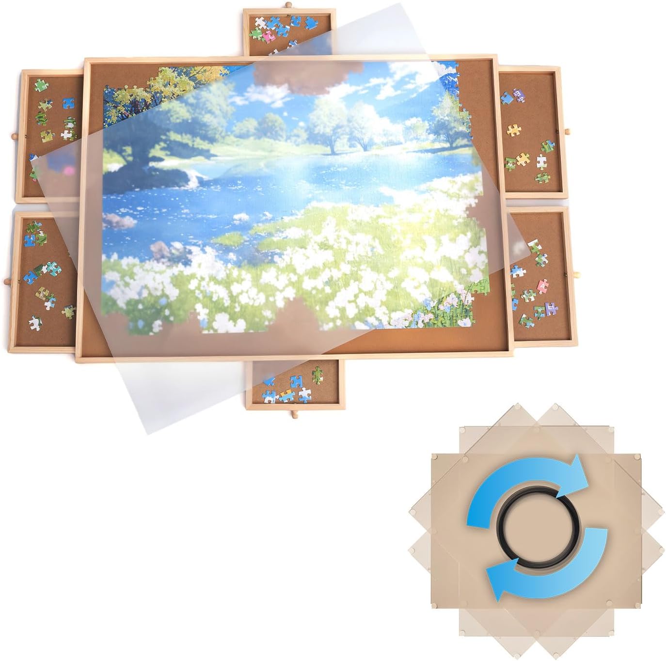 Drehbares Puzzle Board mit Schubladen & Abdeckplatte – Puzzletisch für 1000 Teile, 360° rotierbar, Rutschfester Filz, Sortierfächer, stabiles Holzbrett zum Puzzeln