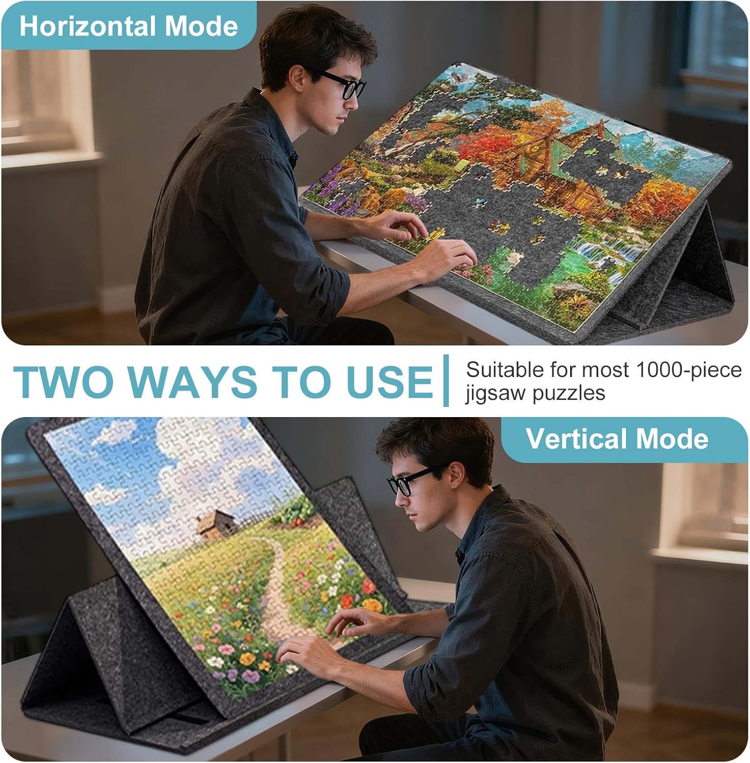 Faltbares Puzzlebrett,Puzzle-Brett 1000 Teile mit 2-in-1-Ständer und Abdeckung,kippbares Puzzle Board mit 6 Sortierer,Puzzletisch Aufbewahrung,Geschenk für Kinder Erwachsene 32 * 22 inches