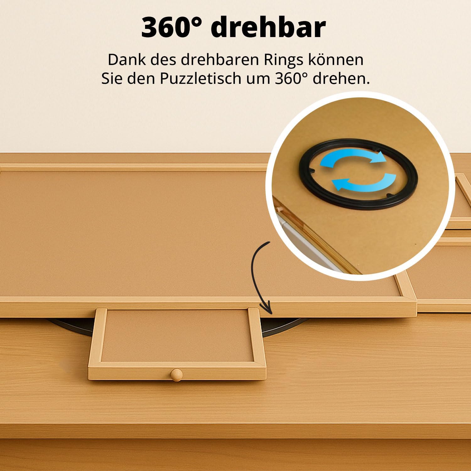 Drehbares Puzzle Board mit Schubladen & Abdeckplatte – Puzzletisch für 1000 Teile, 360° rotierbar, Rutschfester Filz, Sortierfächer, stabiles Holzbrett zum Puzzeln