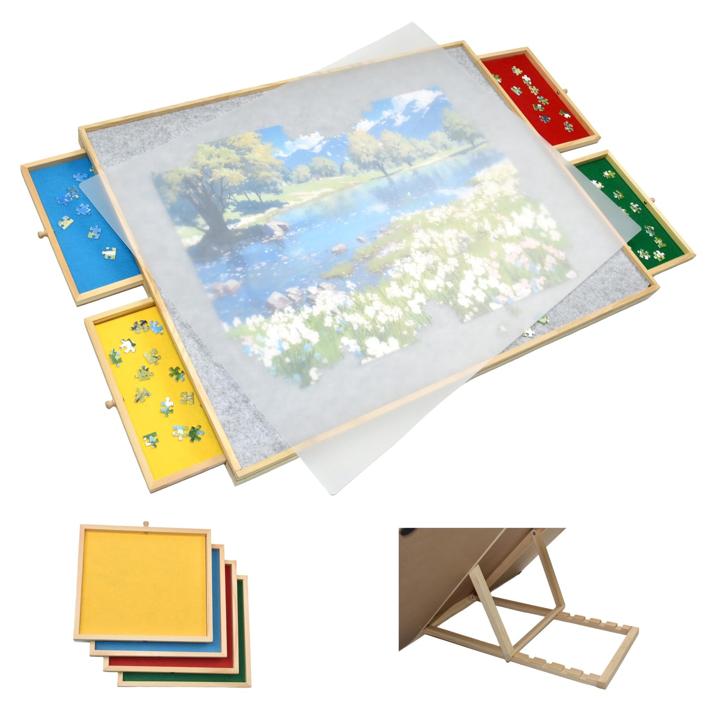 Drehbares Puzzle Board mit Schubladen & Abdeckplatte – Puzzletisch für 1000 Teile, 360° rotierbar, Rutschfester Filz, Sortierfächer, stabiles Holzbrett zum Puzzeln