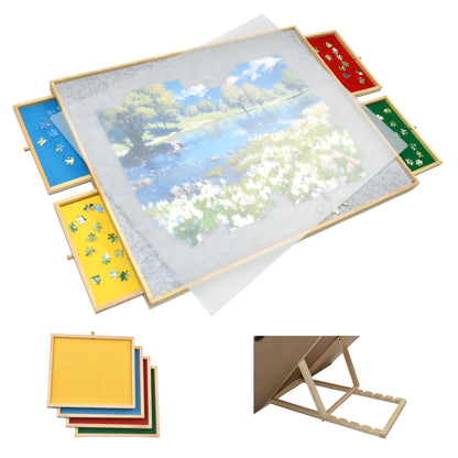 Drehbares Puzzle Board mit Schubladen & Abdeckplatte – Puzzletisch für 1000 Teile, 360° rotierbar, Rutschfester Filz, Sortierfächer, stabiles Holzbrett zum Puzzeln