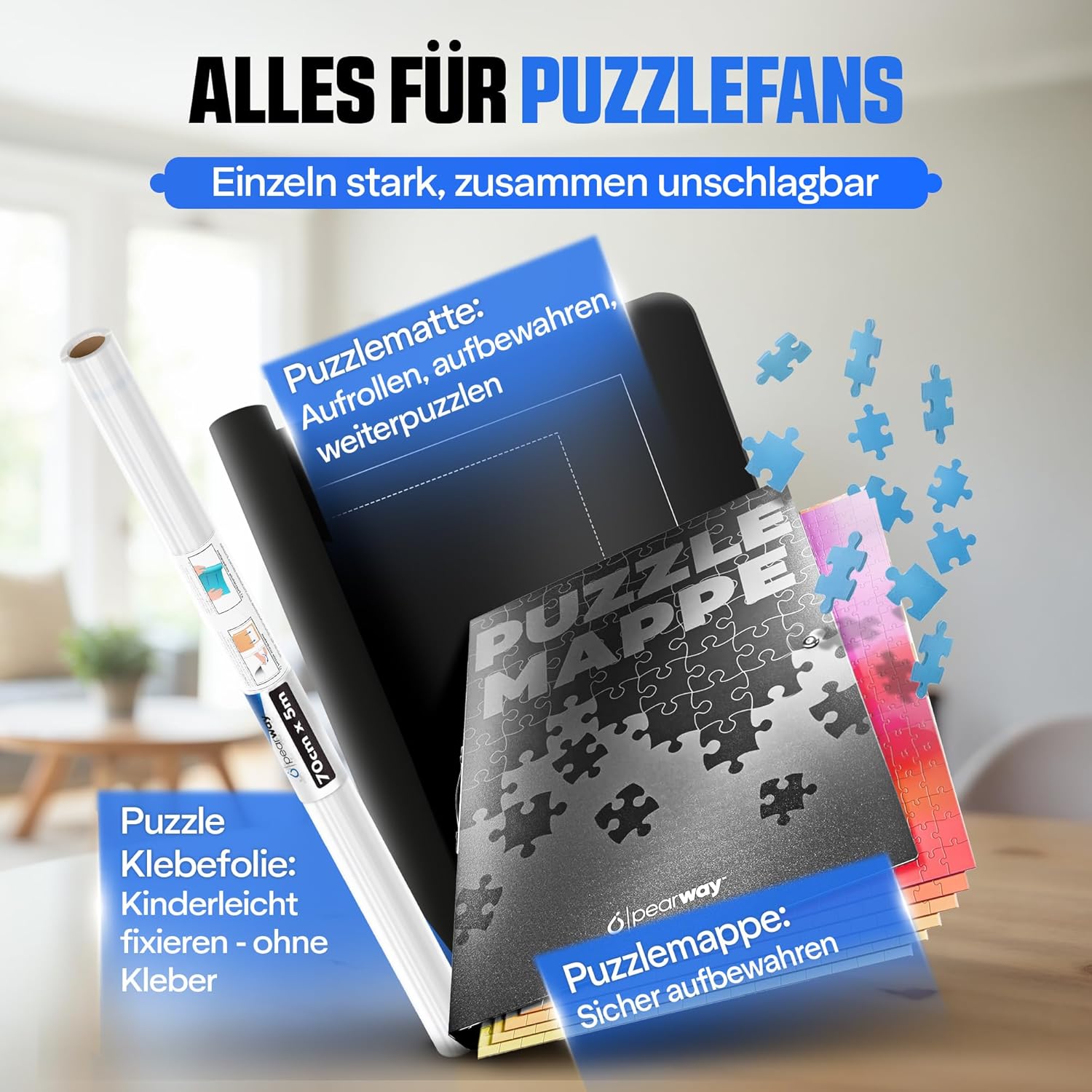 pearway - Stabile Puzzle Mappe [INKL. 5m Puzzlefolie] für Puzzles bis 1000 Teile - das perfekte Zubehör zur Puzzle Aufbewahrung - Organizer für bis zu 40 Werke - Puzzlemappe 1000 Teile