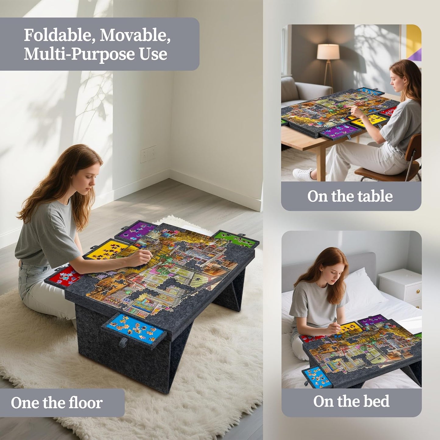 1000-teiliges Puzzlebrett mit 5 farbigen Schubladen und Abdeckung, Puzzletisch mit klappbaren Beinen für Erwachsene, leicht und tragbar, für 1000-teilige Puzzles – grau