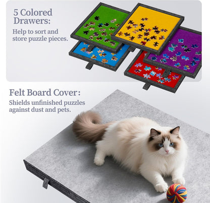 1000-teiliges Puzzlebrett mit 5 farbigen Schubladen und Abdeckung, Puzzletisch mit klappbaren Beinen für Erwachsene, leicht und tragbar, für 1000-teilige Puzzles – grau