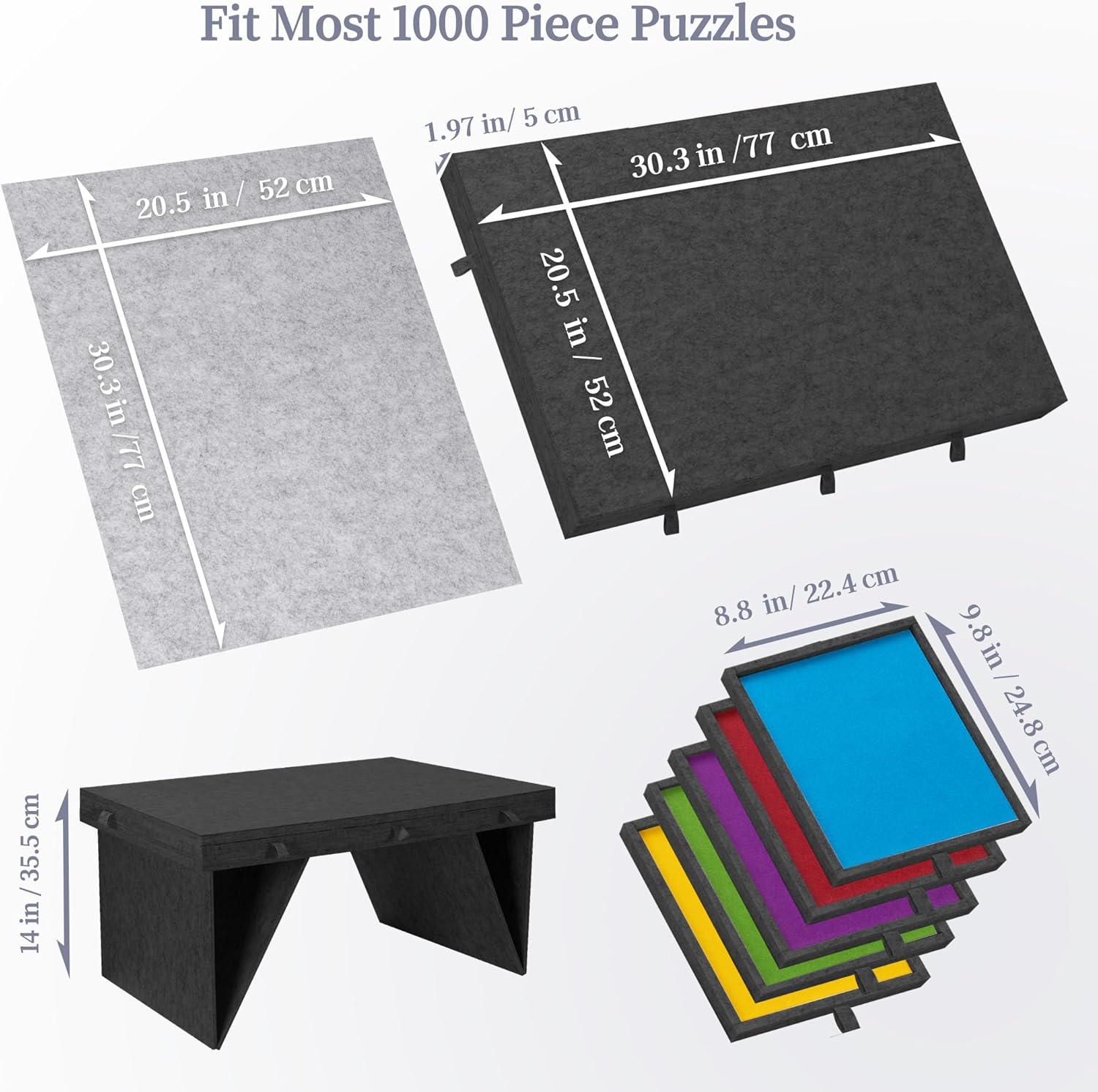 1000-teiliges Puzzlebrett mit 5 farbigen Schubladen und Abdeckung, Puzzletisch mit klappbaren Beinen für Erwachsene, leicht und tragbar, für 1000-teilige Puzzles – grau