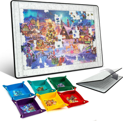 Puzzlebrett mit 6 Sortierfächern, Faltbare Puzzlematte mit Filzbezug zur platzsparenden Aufbewahrung von Puzzles, leicht und tragbar, für Puzzles mit 1000 bis 1500 Teilen