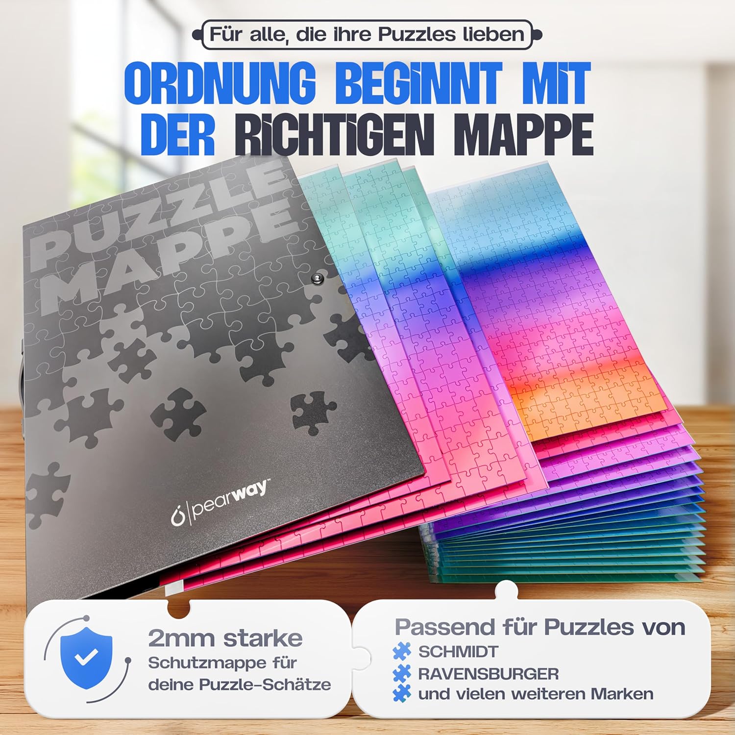 pearway - Stabile Puzzle Mappe [INKL. 5m Puzzlefolie] für Puzzles bis 1000 Teile - das perfekte Zubehör zur Puzzle Aufbewahrung - Organizer für bis zu 40 Werke - Puzzlemappe 1000 Teile