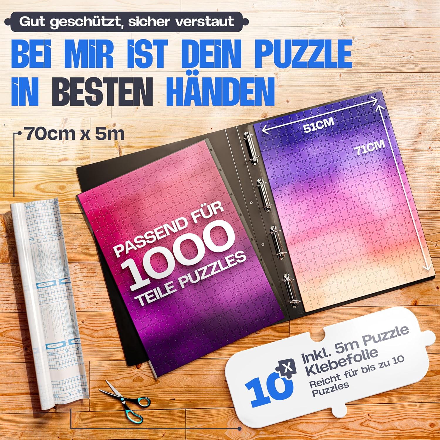 pearway - Stabile Puzzle Mappe [INKL. 5m Puzzlefolie] für Puzzles bis 1000 Teile - das perfekte Zubehör zur Puzzle Aufbewahrung - Organizer für bis zu 40 Werke - Puzzlemappe 1000 Teile