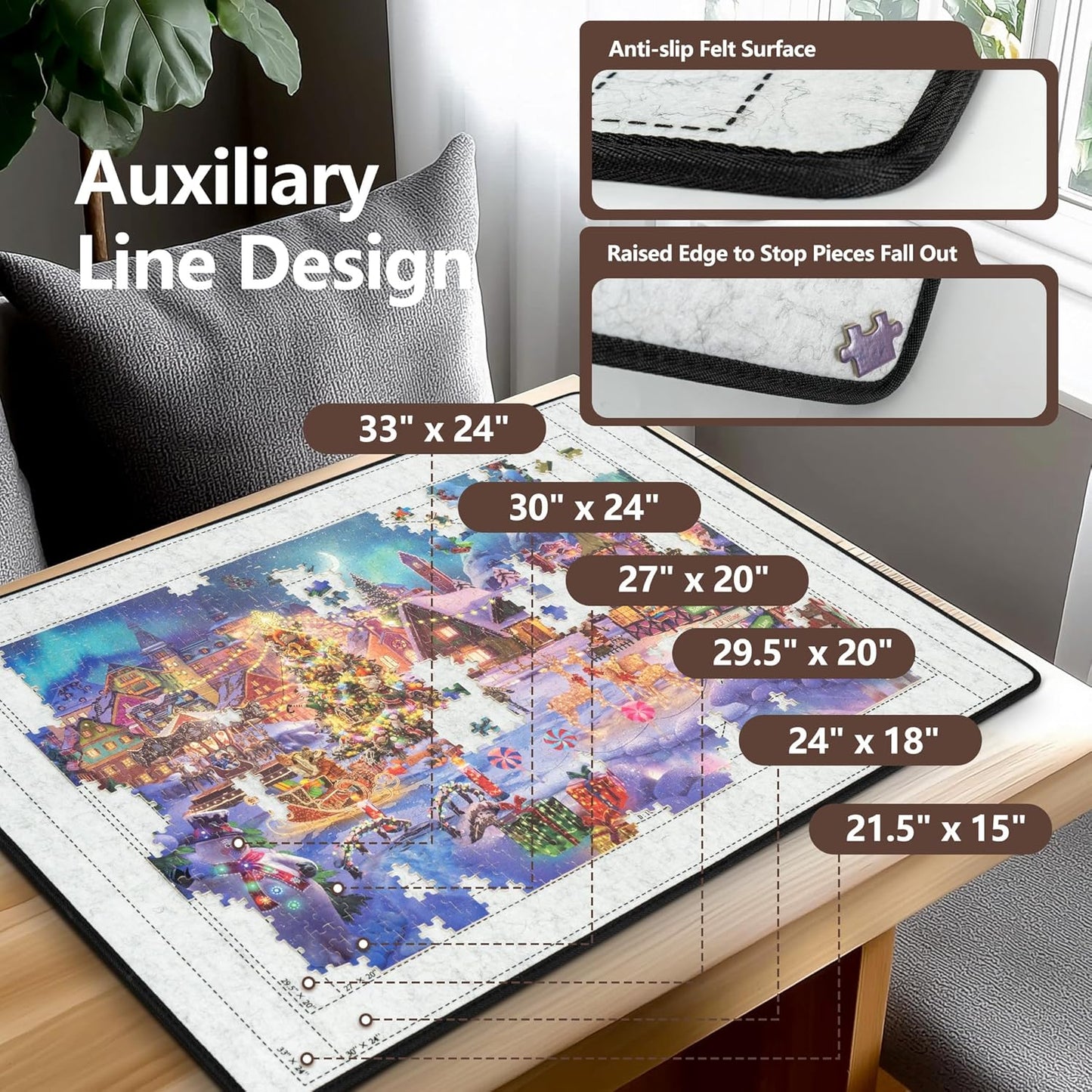 Puzzlebrett mit 6 Sortierfächern, Faltbare Puzzlematte mit Filzbezug zur platzsparenden Aufbewahrung von Puzzles, leicht und tragbar, für Puzzles mit 1000 bis 1500 Teilen